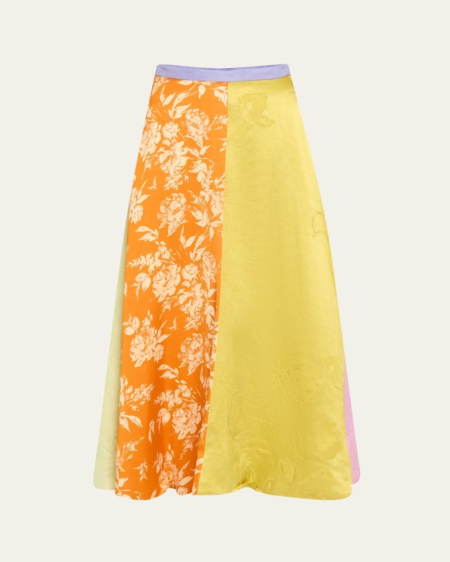 Colorblock Floral Jacquard Paneled Maxi Skirt